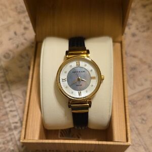 Anne Klein Black Strap Gold Accents Watch